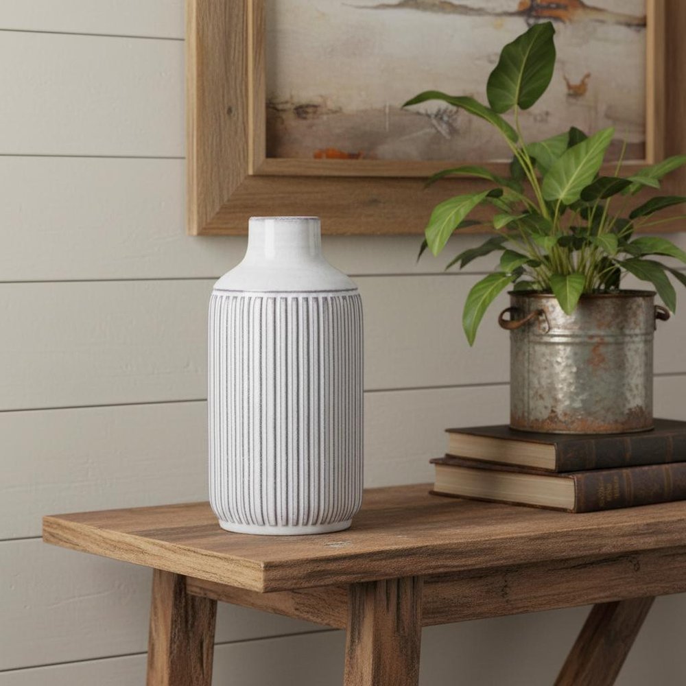 10" Off White Terracotta Striped Cylinder Table Vase