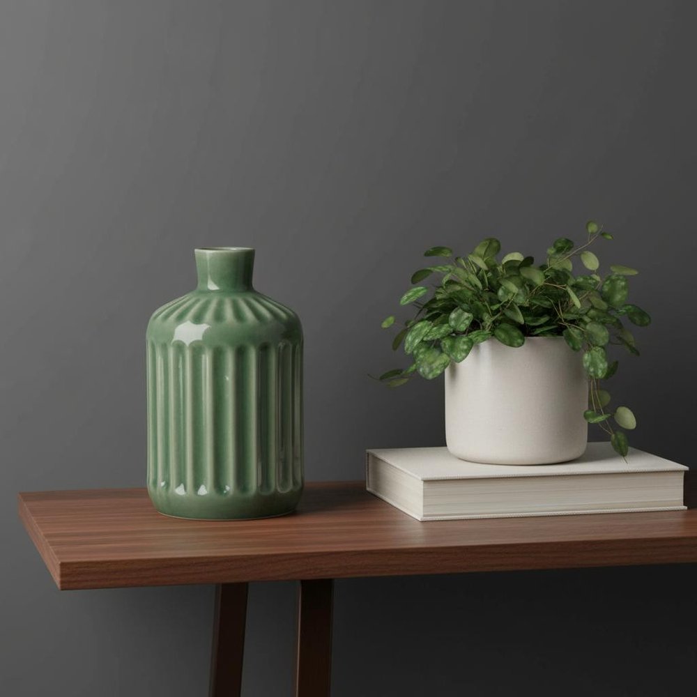 7" Green Terracotta Striped Bud Table Vase