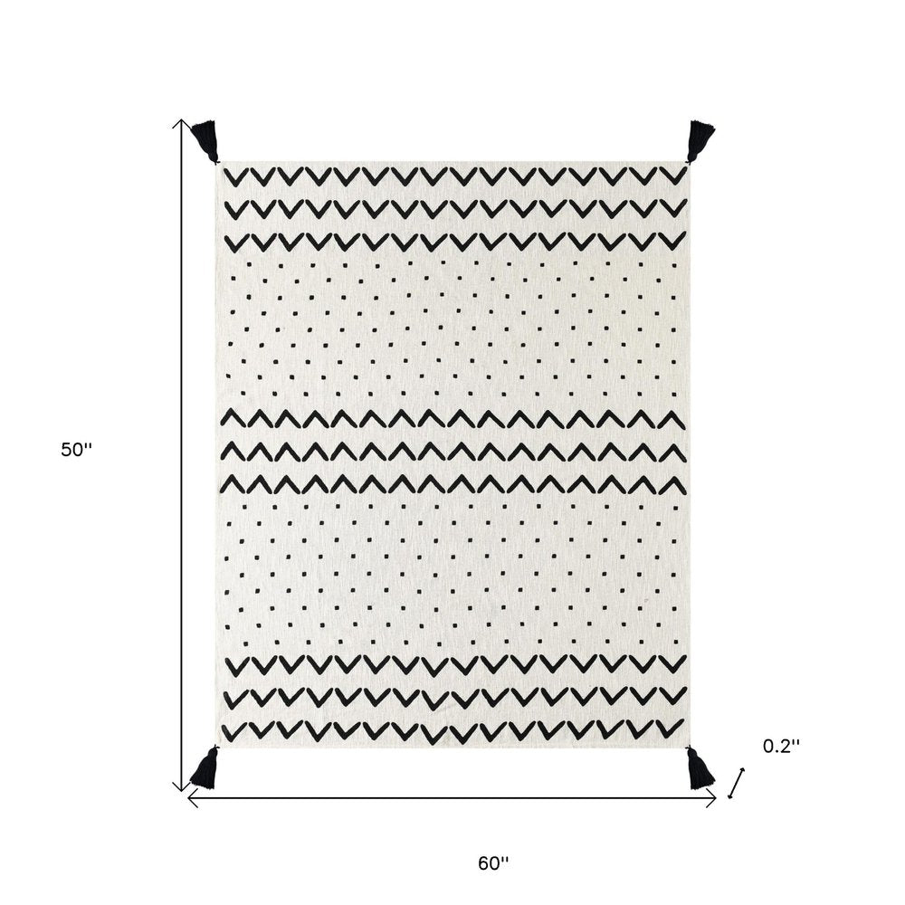 50" X 60" Black and White Woven Cotton Chevron Throw Blanket with Tassels