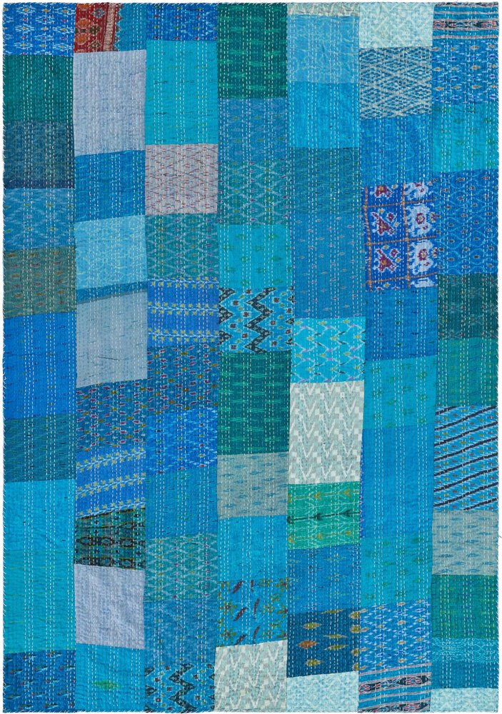 70" X 50" Blue Kantha Silk Patchwork Throw Blanket with Embroidery