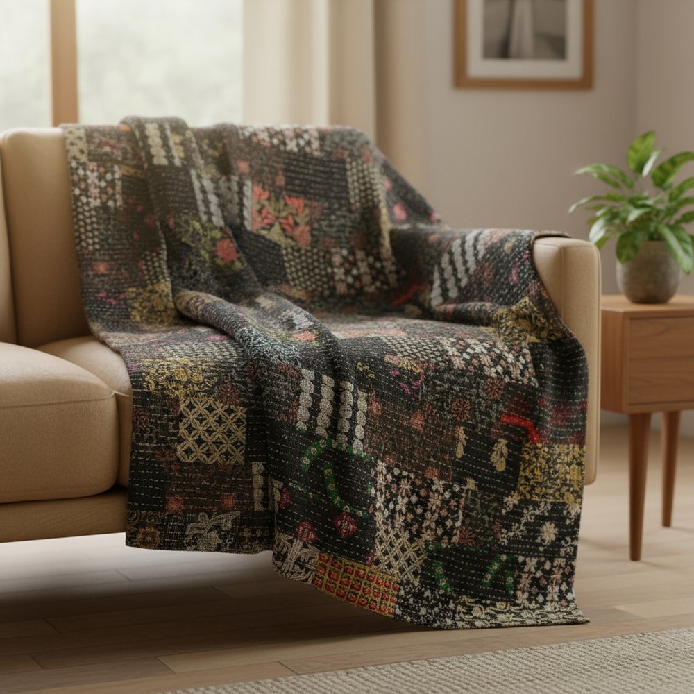 70" X 50" Black Kantha Cotton Patchwork Throw Blanket with Embroidery
