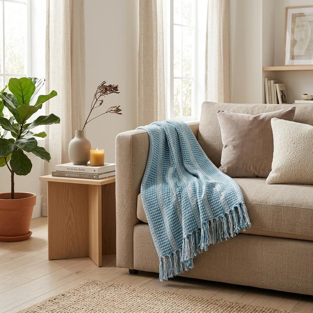 Blue and White Woven Cotton Striped Throw Blanket