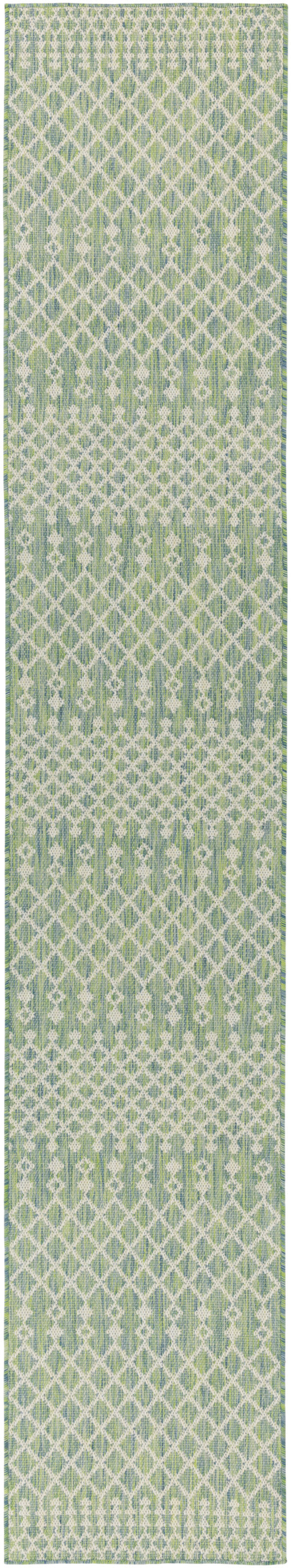 Green and white woven rug runner with a diamond lattice pattern, long hallway rug.