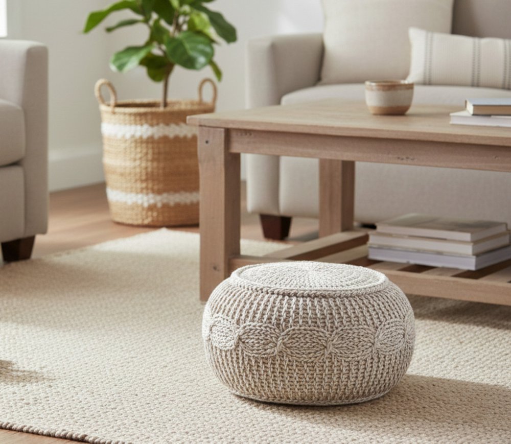 20" Beige Cotton Round Geometric Pouf Ottoman