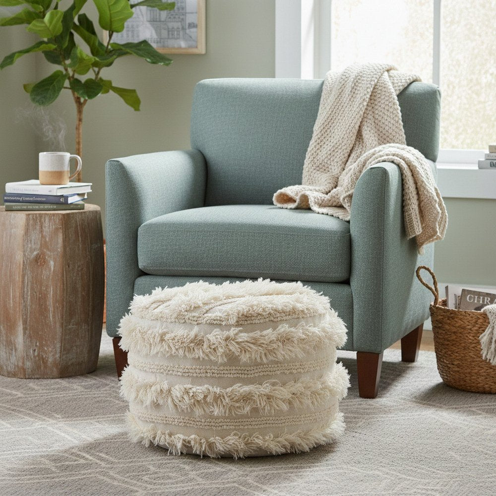 18" Ivory Cotton Round Striped Pouf Ottoman