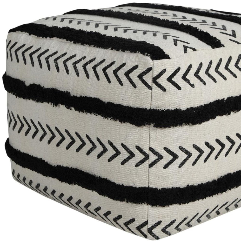 18" White Cotton Striped Pouf Ottoman