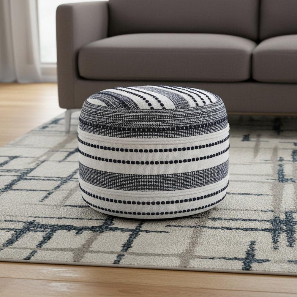 18" Blue Cotton Cylinder Striped Pouf Ottoman