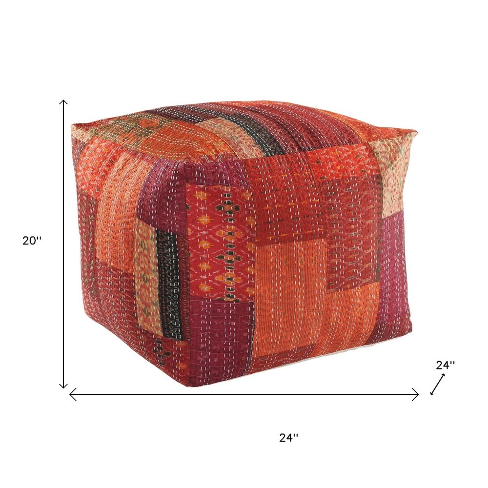24" Red Patchwork Pouf Ottoman