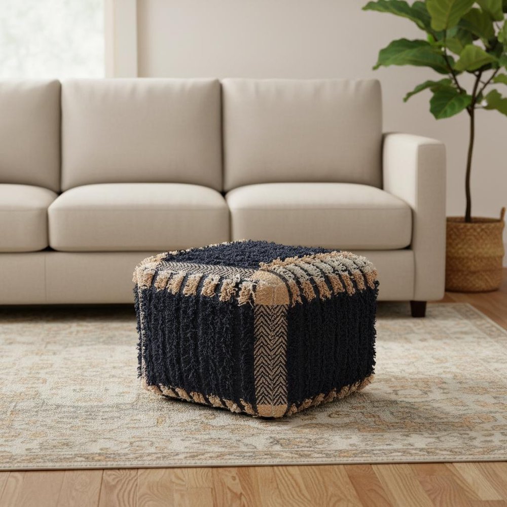 18" Blue Cotton Geometric Pouf Ottoman