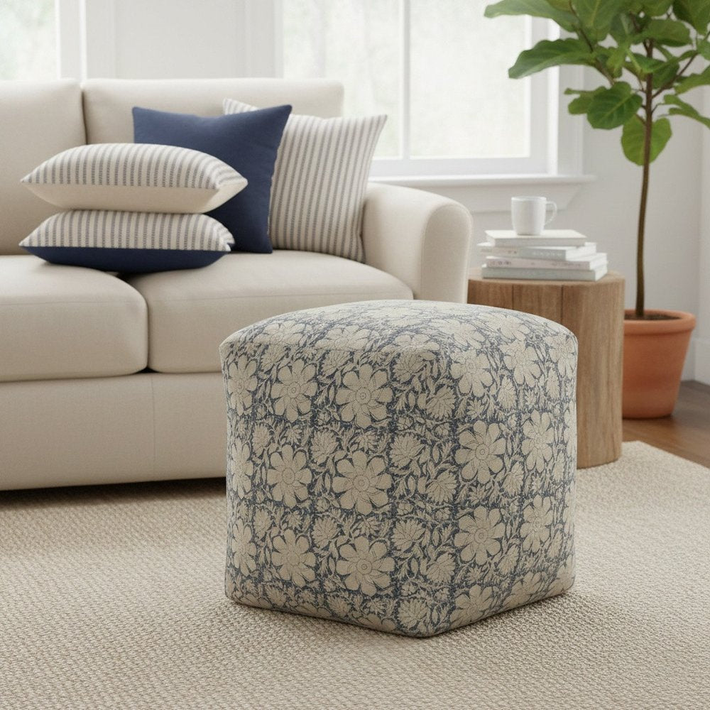 20" Beige Cotton Abstract Pouf Ottoman