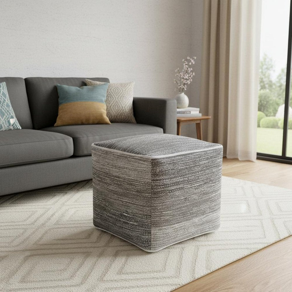 16" Gray Cotton Striped Pouf Ottoman