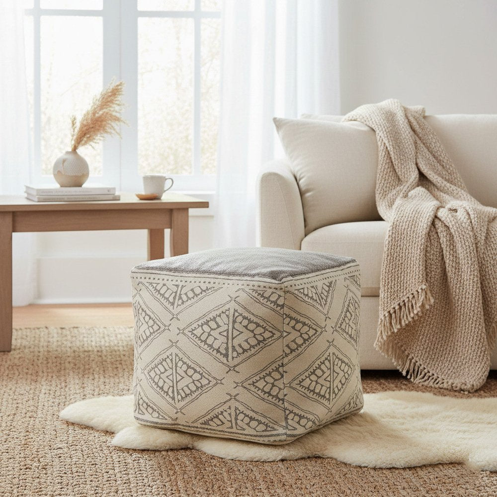 20" Beige Cotton Tribal Pouf Ottoman