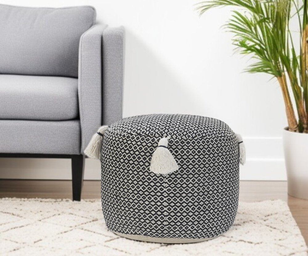 18" Black Cotton Cylinder Geometric Pouf Ottoman