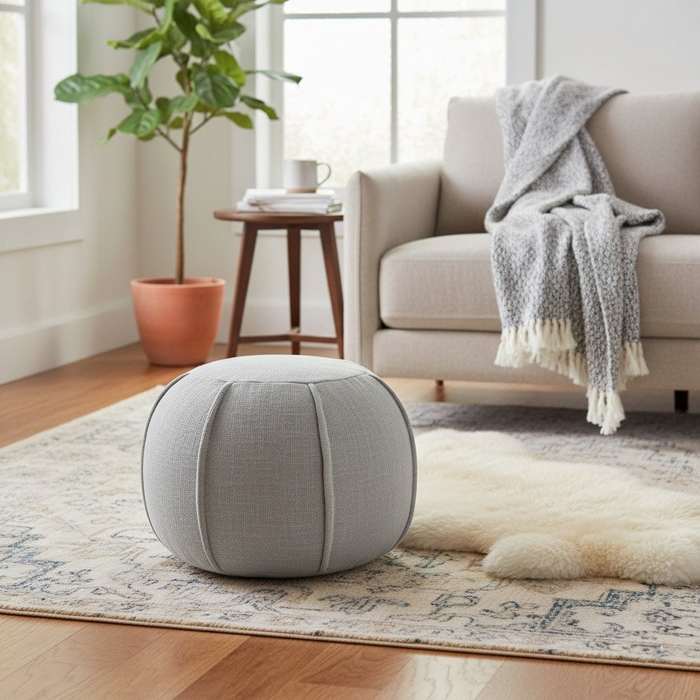 18" Gray Cotton Round Patchwork Pouf Ottoman