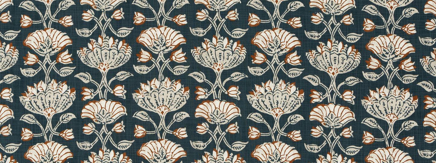 Dark navy background with ivory damask floral pattern of large blossoms and curling stems.