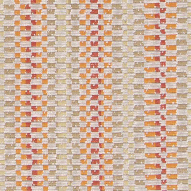 Woven fabric with cream base and orange-peach vertical stripes; geometric small rectangles in warm tones.