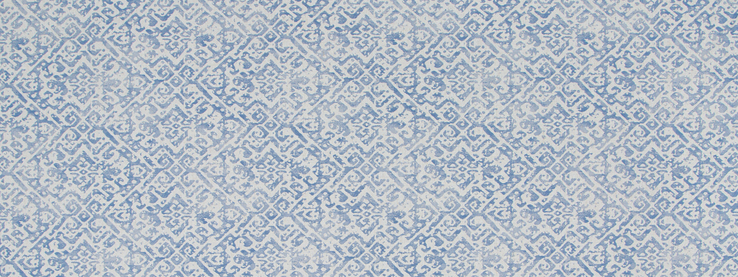 Blue and white repeating geometric lattice fabric; suitable for upholstery.