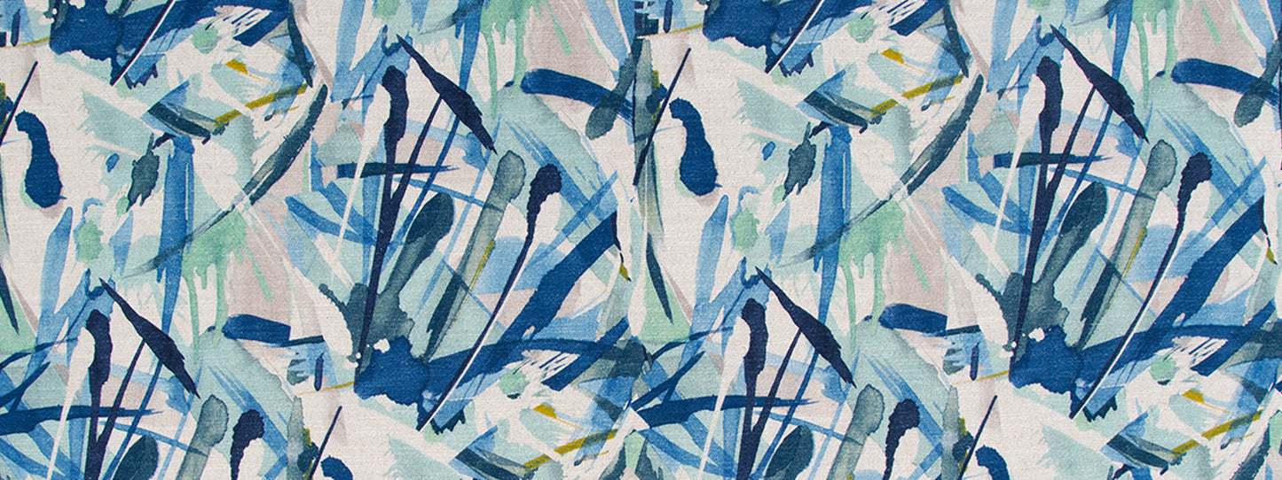 Abstract blue and teal brushstroke pattern with pale green accents on a light background.