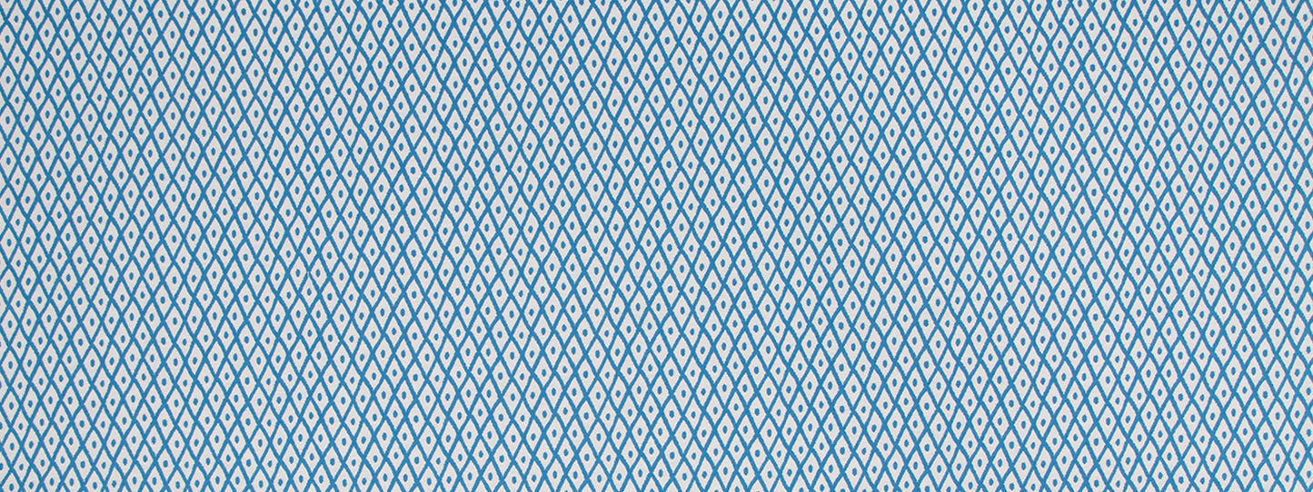Light blue fabric with a repeating blue diamond lattice pattern; geometric, woven textile.