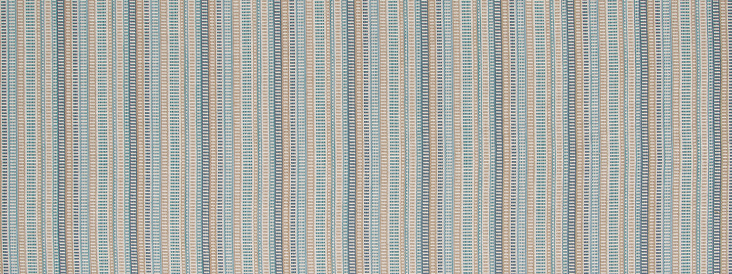 Beige & blue striped woven fabric with teal accents; vertical narrow stripes for upholstery.