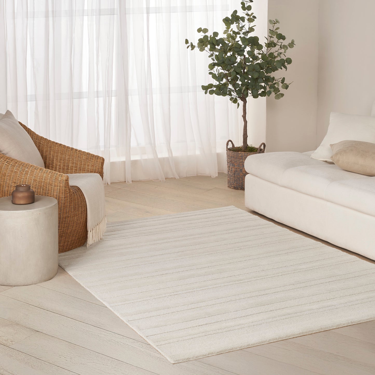 Neutral living room with light striped area rug, white sofa, wicker chair, and a potted plant in a woven basket.