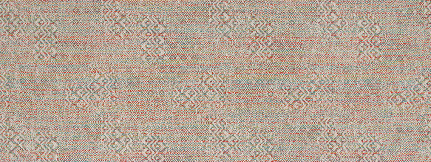Muted pink-gray geometric woven upholstery fabric with diamond motifs; kilim/tapestry-style textile.