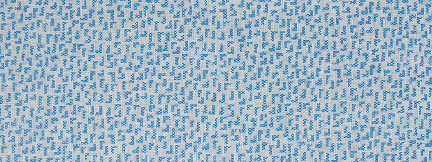 Light blue woven fabric with tiny pixel-like blue blocks forming a subtle geometric grid pattern.