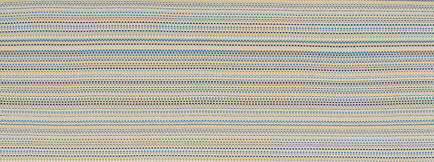 Azure Bramble Weave upholstery fabric; woven with thin blue, gray and beige stripes and a textured weave.