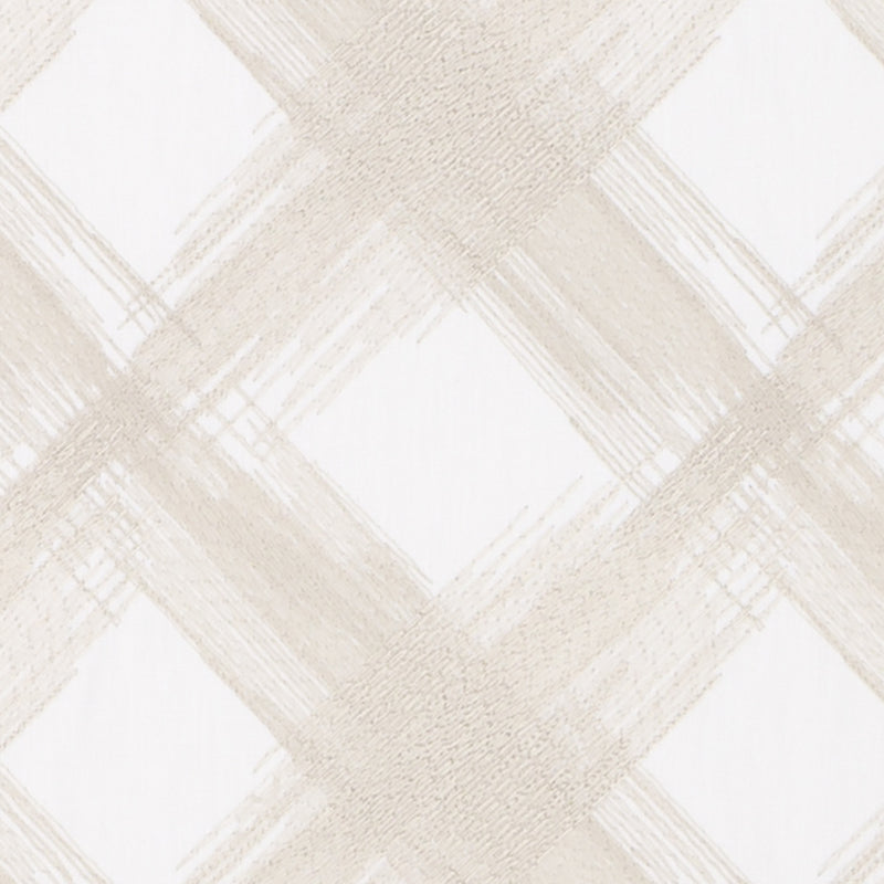 Beige brushed plaid pattern on cream background; drapery fabric.