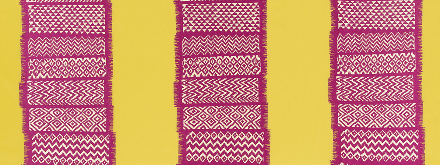 Three yellow woven textile strips with white geometric patterns on a bright yellow background
