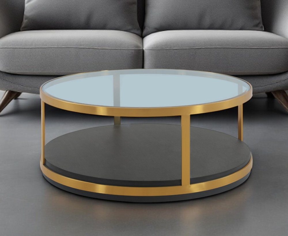 43" Clear And Black Gold Glass And Solid Wood and Metal Round Coffee Table With Shelf