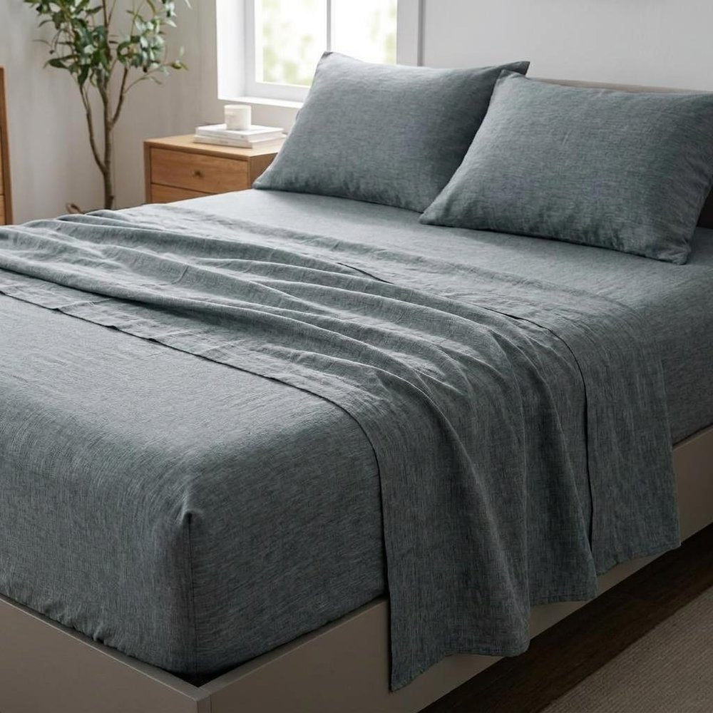 Four Piece Slate Gray Linen Twin Sheet Set