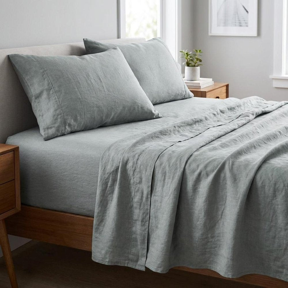 Four Piece Blue Linen Queen Sheet Set