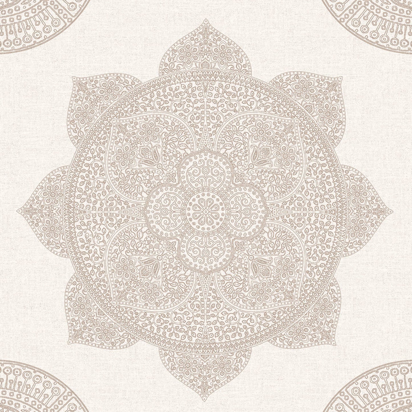 Pink mandala medallion pattern on a linen-textured off-white background; decorative circular motifs for wallpaper.