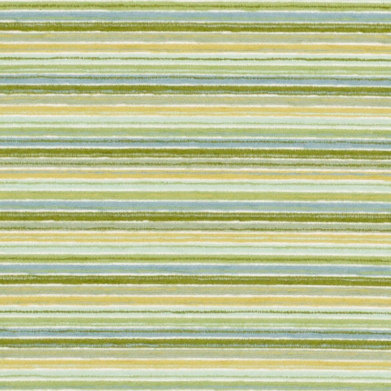 Horizontal striped upholstery fabric in soft greens, yellows and blues with a watercolor brushstroke texture.