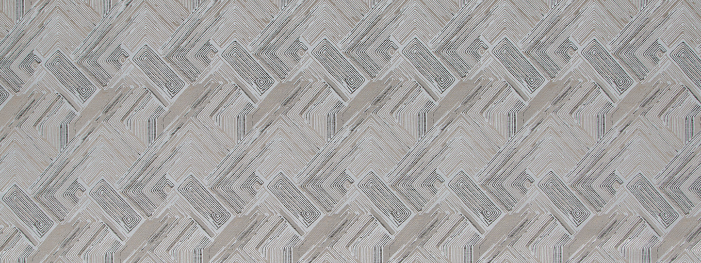 Grey upholstery fabric with a repeating interlocking chevron pattern in a zinc color.