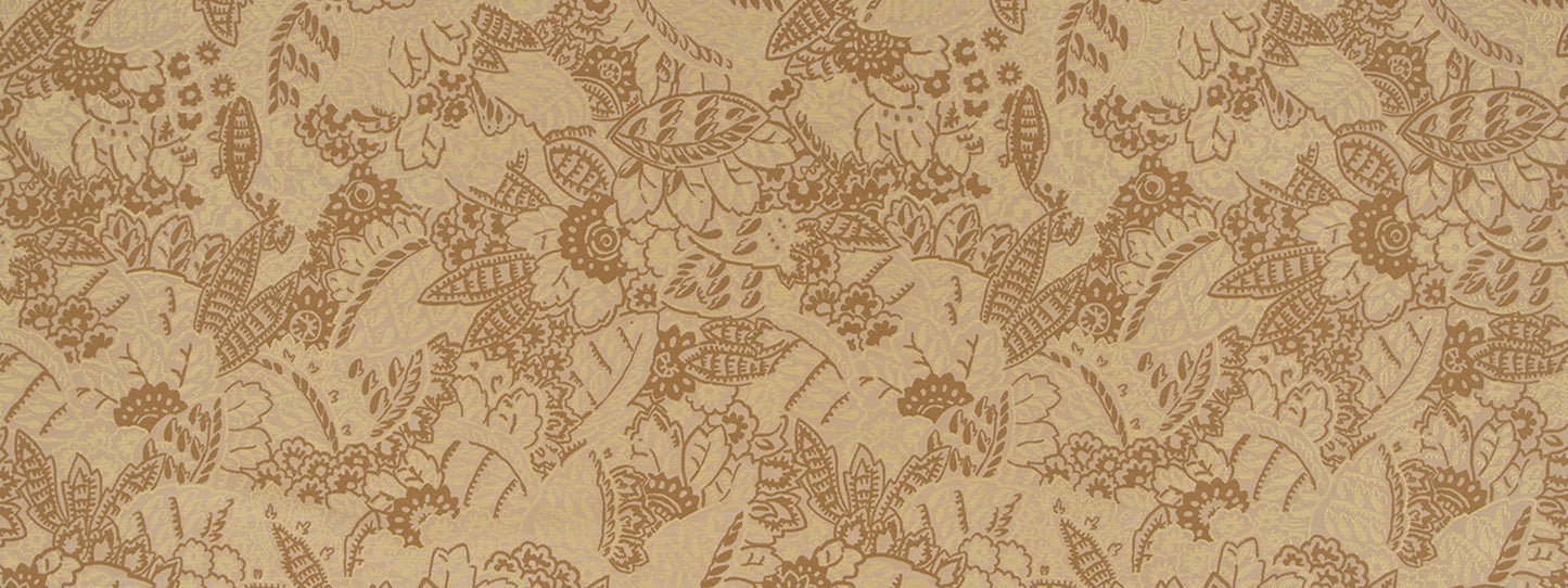 Beige damask floral upholstery fabric with mustard and brown tones; ornate vintage pattern.