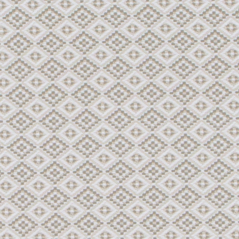 Beige and ivory diamond lattice jacquard fabric; geometric woven upholstery textile.