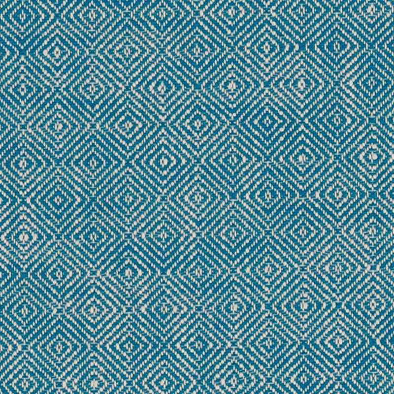Teal woven fabric with white dotted diamond geometric pattern; upholstery fabric.