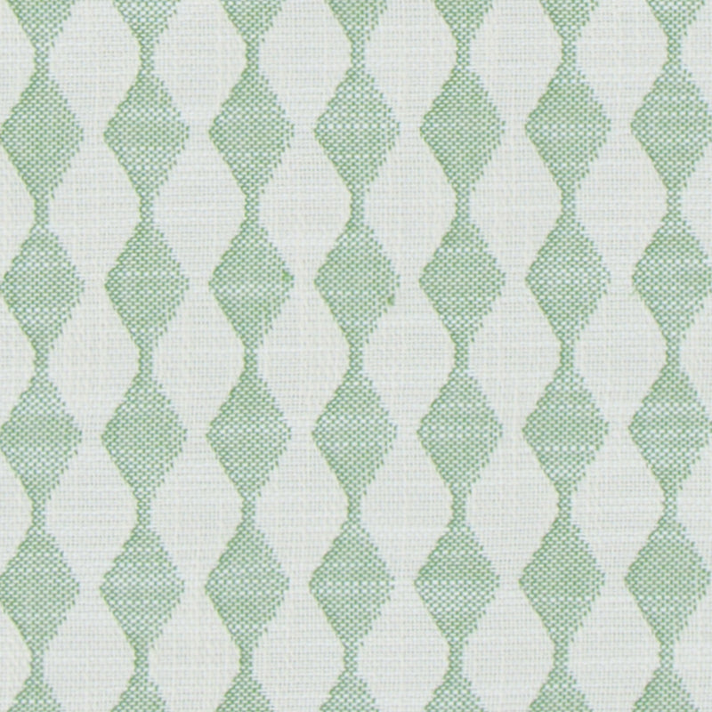 Mint green and white woven fabric with vertical diamond lattice pattern; geometric upholstery or drapery textile.