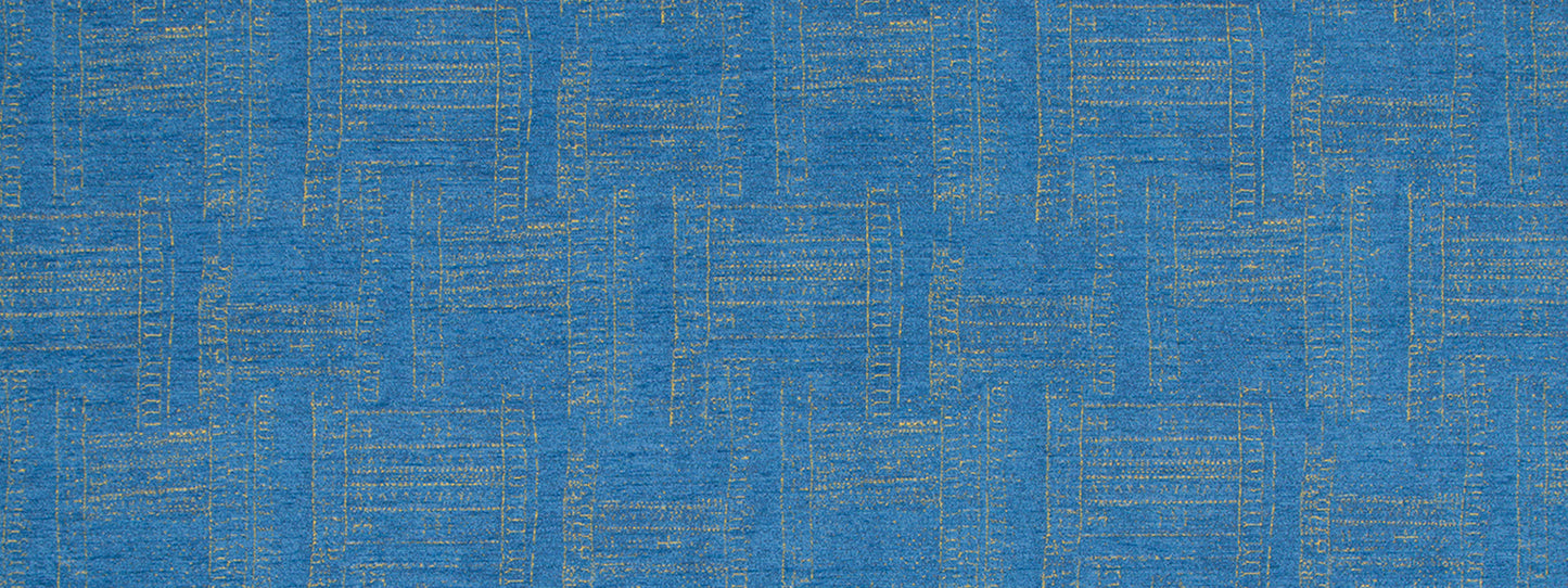 Blue woven fabric texture with subtle gold metallic thread forming a rectangular grid pattern.