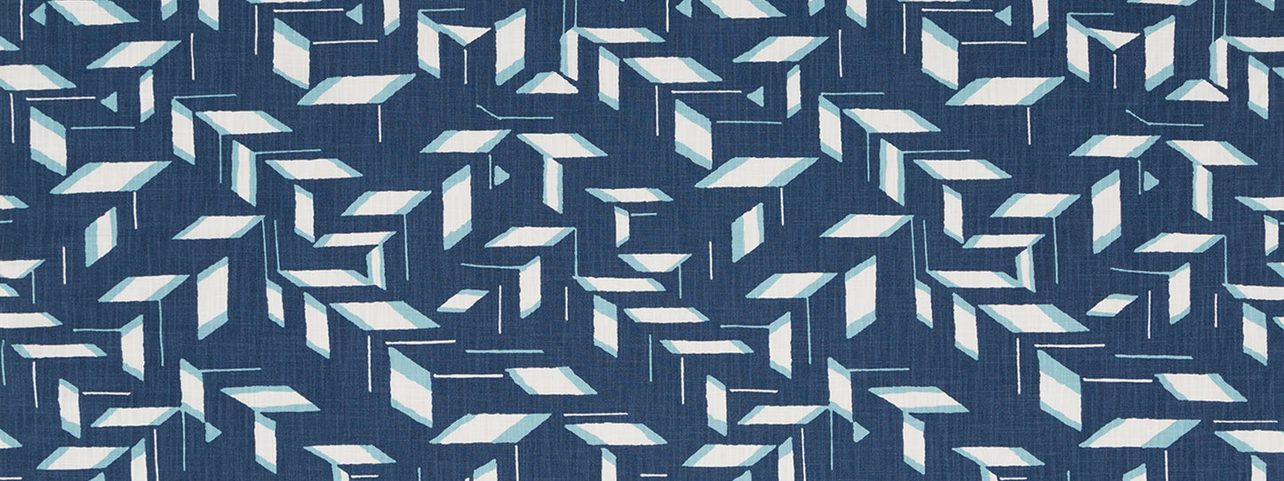 Navy blue fabric with a chalkboard-inspired repeating light-blue and white chevron geometric pattern.