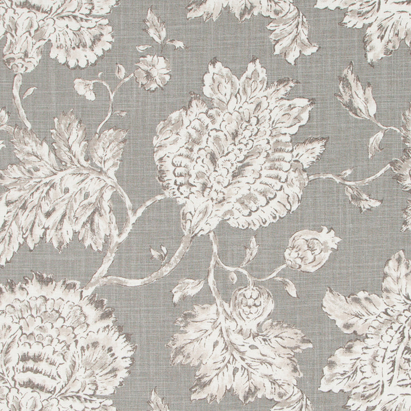 Gray fabric with cream damask florals and leaves, vintage botanical pattern.