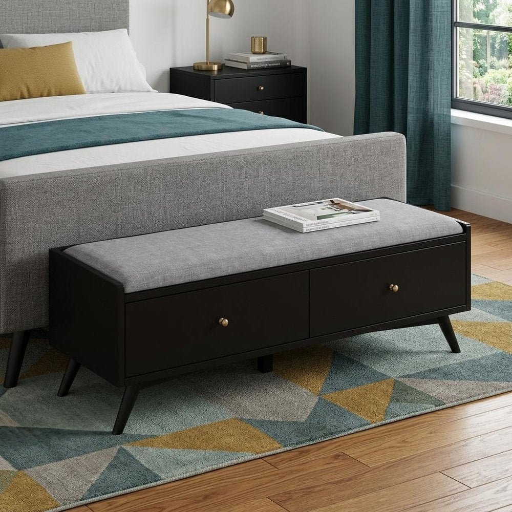 59" Gray And Black Fabric And Solid Wood Upholstered Storage Bench With Drawers
