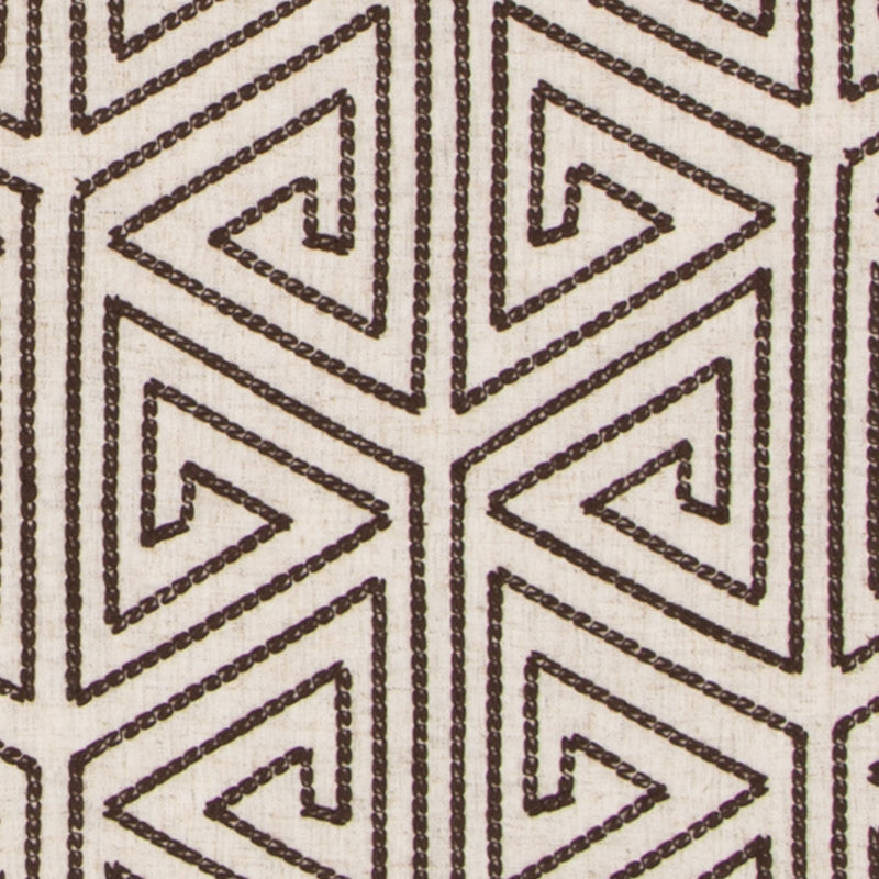 Neutral taupe square swatch with a smooth matte finish, bordered by a brown geometric patterned textile border.