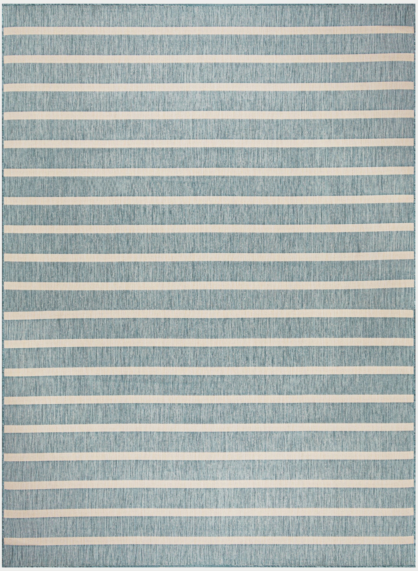 Rectangular blue textured area rug with Cream horizontal stripes; modern coastal weave.