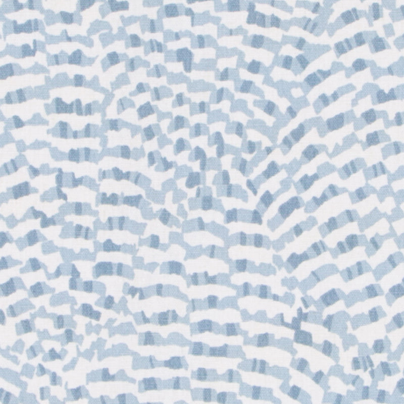 Light blue and white patterned fabric with radiating circular shapes; soft textile for clothing or home decor.