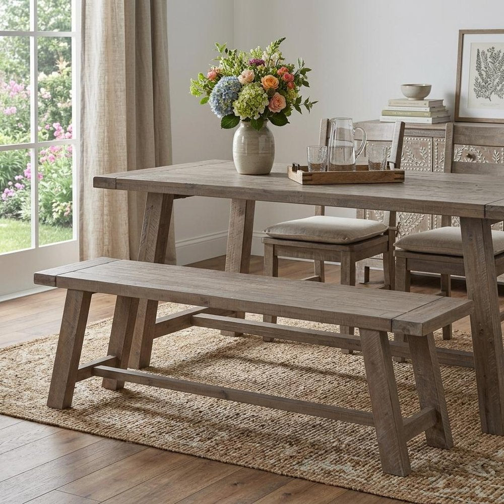 60" Natural Solid Wood Distressed Dining Bench