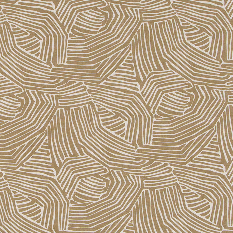 Beige background with white angular lines forming geometric, wood-grain-inspired swirls; a modern wallpaper or fabric print.