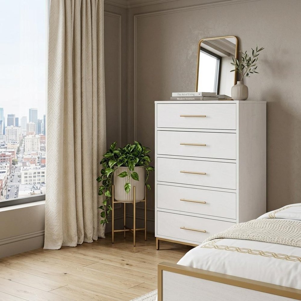 30" White Solid Wood Five Drawer Dresser